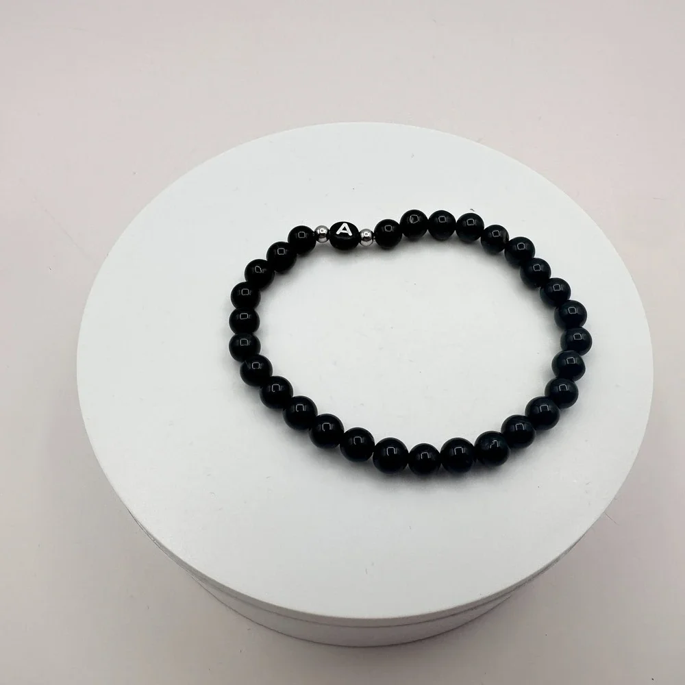Vintage 90s Silver-Tone A Initial Black Beaded Stretch Bracelet Classic Jewelry
